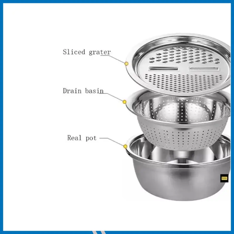 Silver 3 in 1 Stainless Steel Drain Basket Vegetable Cutter, For Kitchen