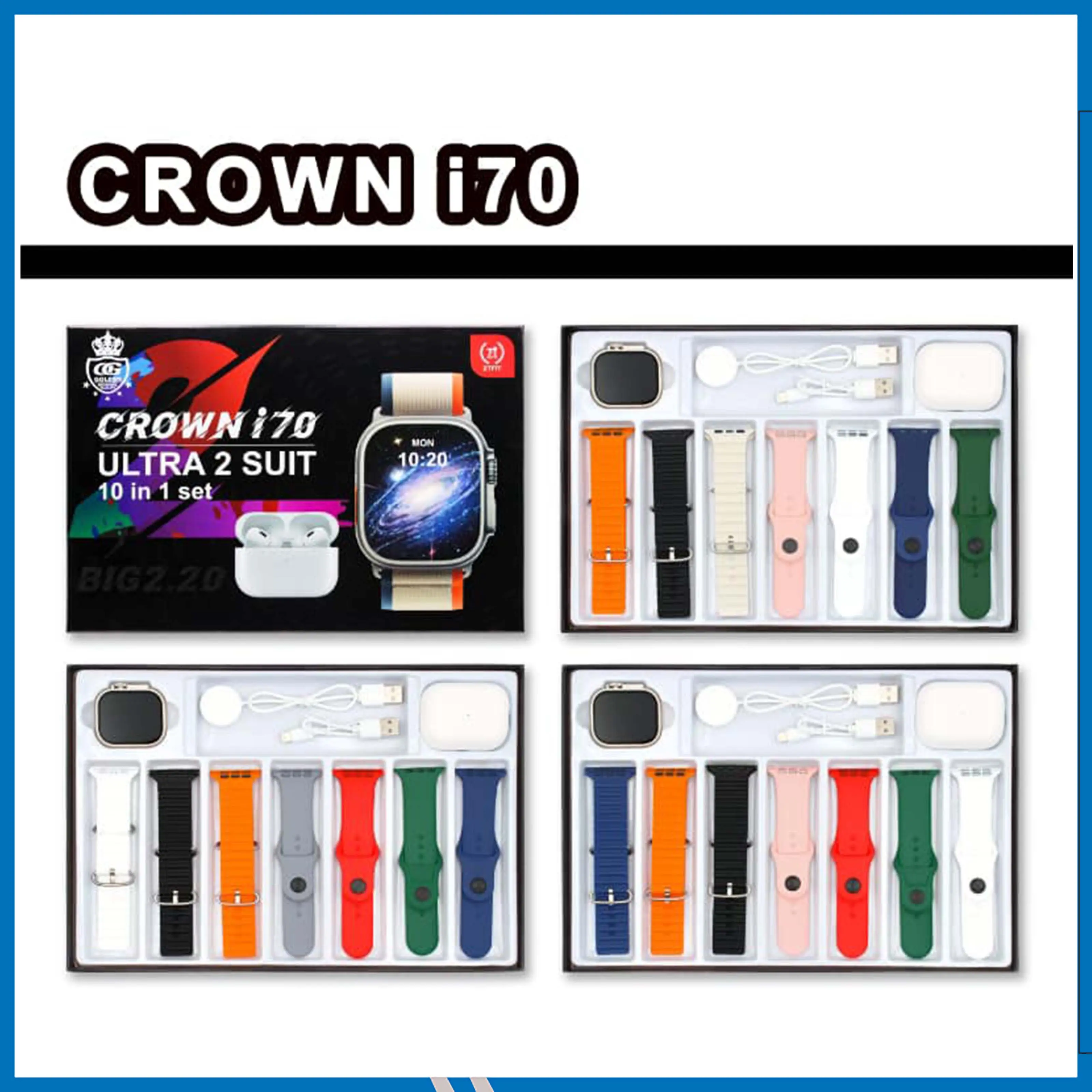Crown i70 Smart watch (10 in 1) Watch+Earbuds+7 Belt