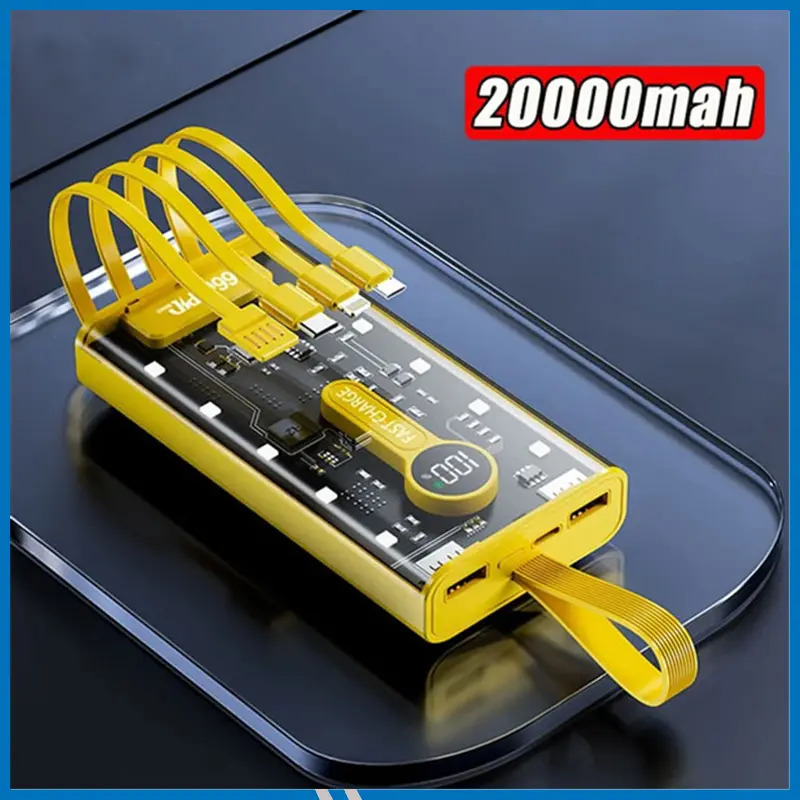 Transparent Power bank with 4 Attached cable 20000 mah