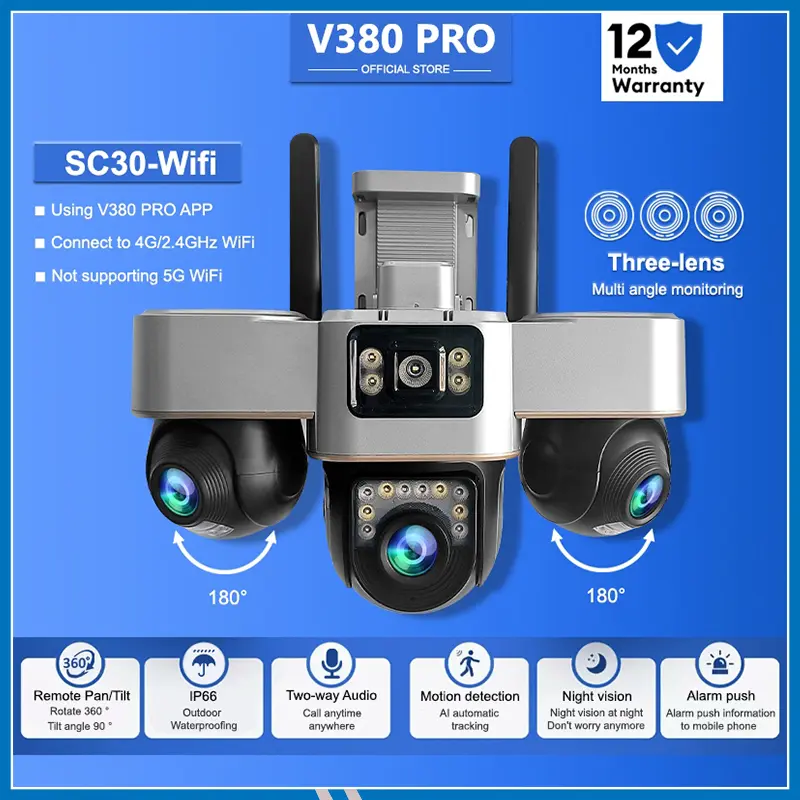 MaxGen V380 PRO 3 Lens 3  PTZ SC30 WIFI IP Camera 6MP Outdoor Waterproof 360 Degree Wide Angle Auto Tracking Color Night Vision Two Way Audio CCTV Camera