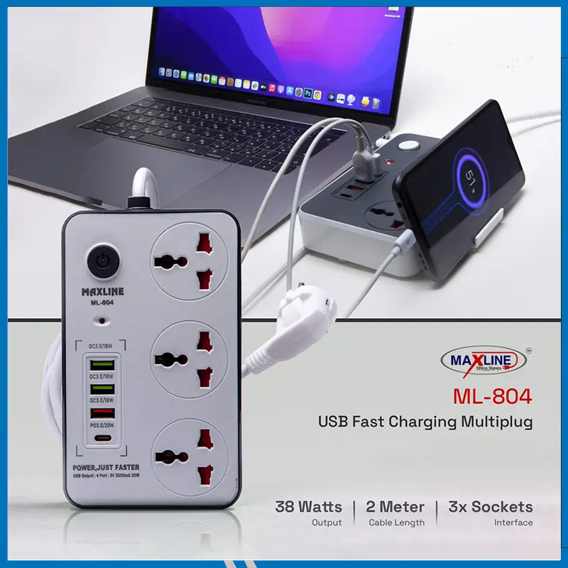 Maxline ML 804 4 USB Fast Charging Multiplug Power Strip