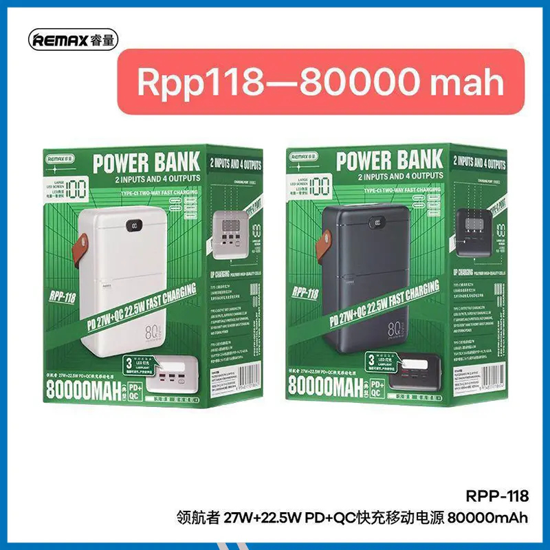 REMAX RPP-118 80000mAh CHINEN SERIES PD 20W + QC 22.5W FAST CHARGING POWER BANK WITH LED LIGHT