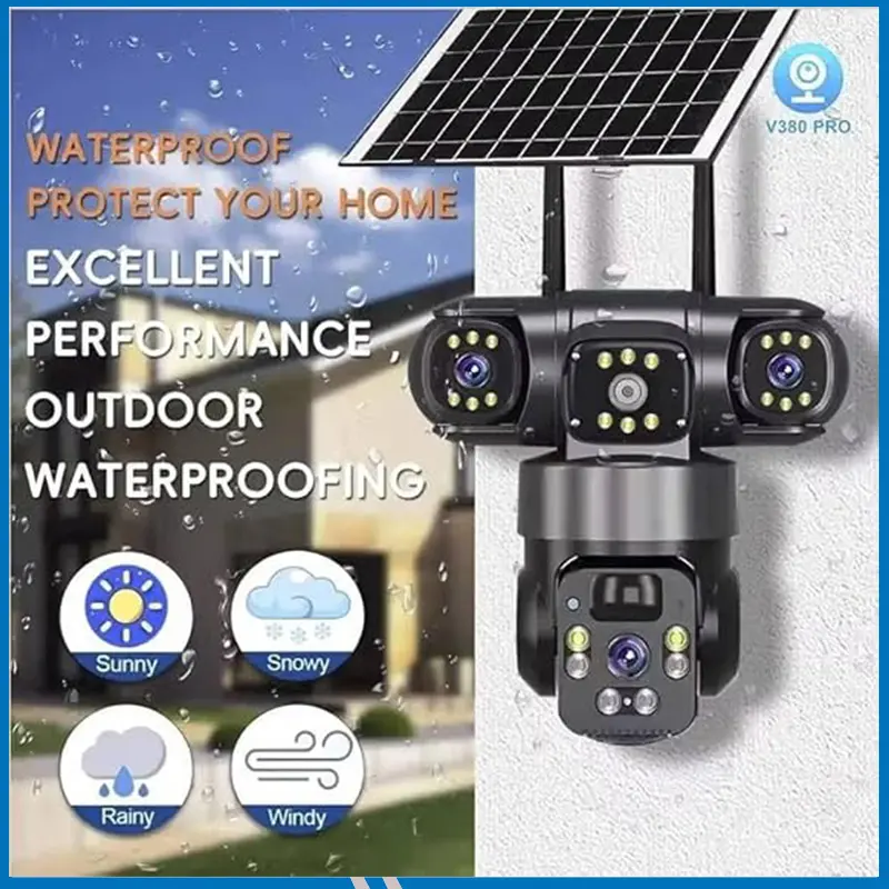 V380 PRO Solar-Powered Security Camera, Waterproof Outdoor Surveillance System with Motion Detection, Night Vision, Mobile App Control, Real-Time Alerts