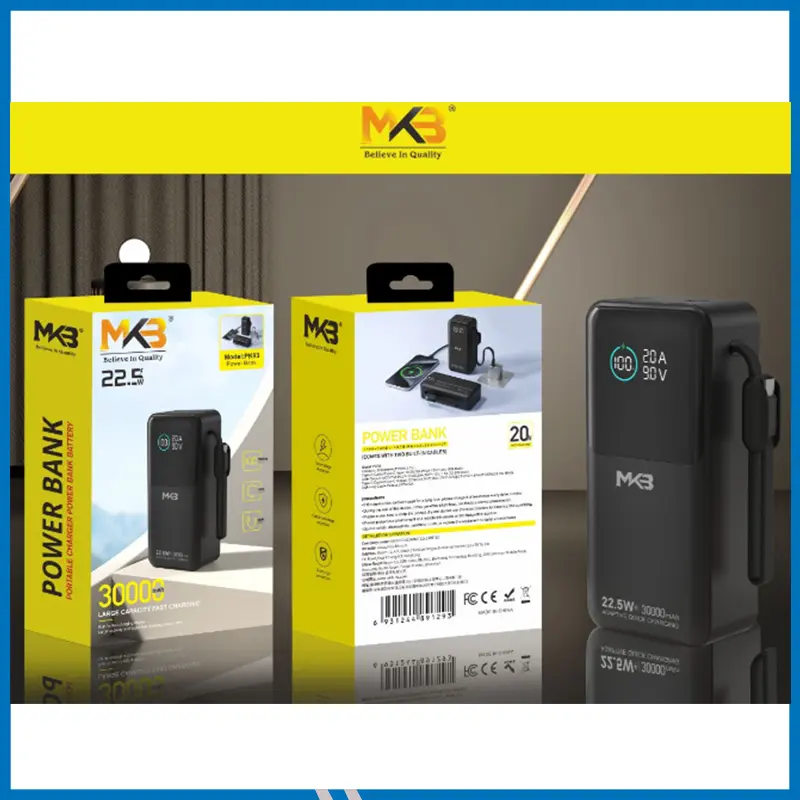 MKB PK93 – 30000mAh Power Bank | 22.5W Fast Charging | Dual Built-in Cables